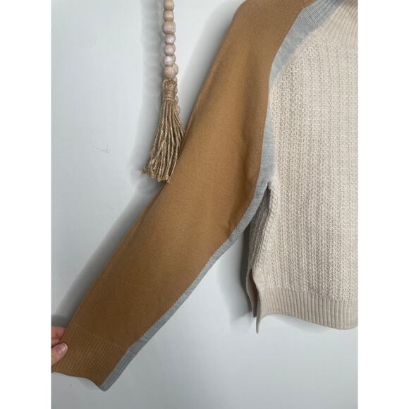 NWT French Connection Babysoft Mock Neck Sweater Large Tan Cream Cozy Colorblock - Picture 4 of 9
